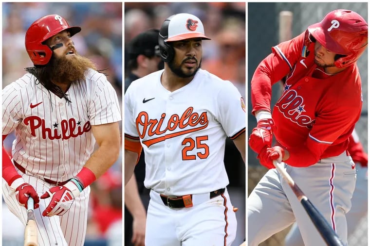 From left: Phillies outfielder Brandon Marsh, free agent Anthony Santander, and prospect Justin Crawford.