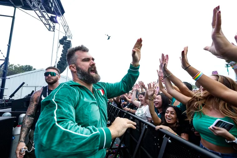 Jason Kelce greets fans at Xfinity Live as part of ESPN's Monday Night Football coverage.