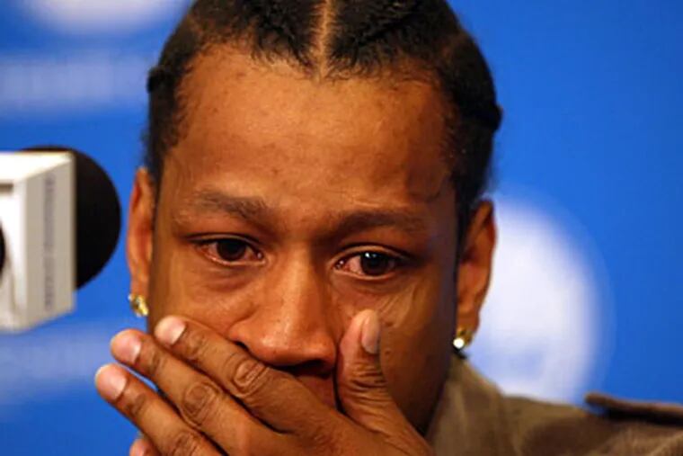 Sixers' Allen Iverson sheds tears during his return to the Sixers on Thursday, December 3, 2009.   (Yong Kim / Staff Photographer)
