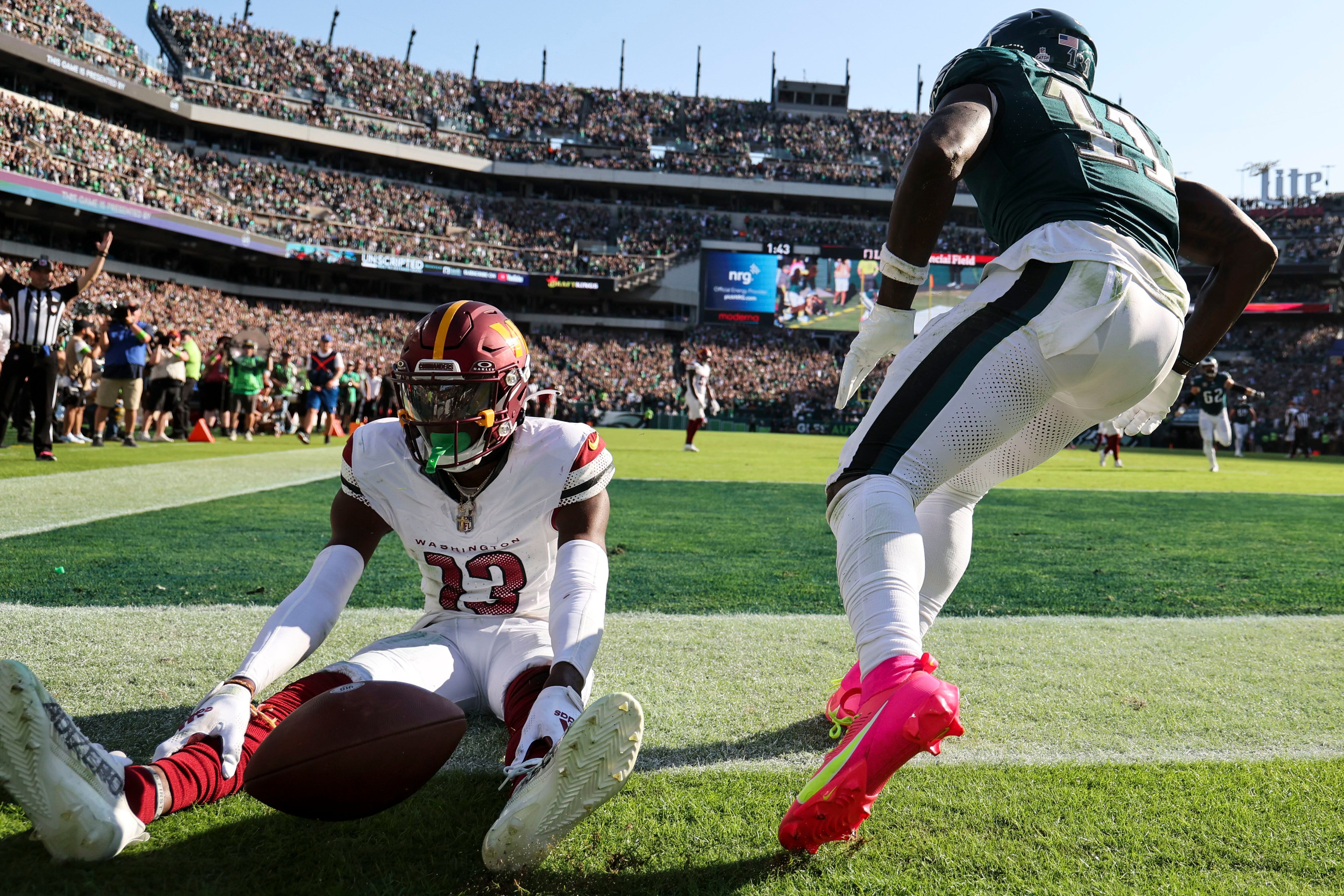 Philadelphia Eagles wide receiver A.J. Brown (11) celebrates after an NFL  football game against the Washington Commanders, Sunday, Sept. 25, 2022 in  Landover, Md. (AP Photo/Daniel Kucin Jr Stock Photo - Alamy