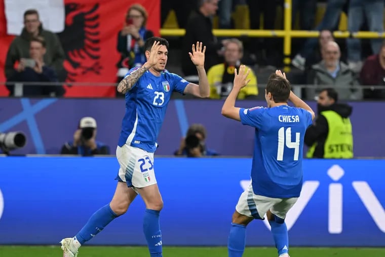 Alessandro Bastoni of Italy celebrates after scores the first goal during the UEFA EURO 2024 group stage match between Italy and Albania at Football Stadium Dortmund on June 15, 2024 in Dortmund, Germany. (Photo by Claudio Villa/Getty Images for FIGC)