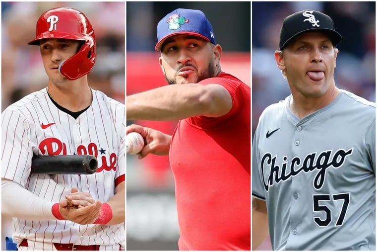 Phillies Austin Hays, Phillies pitcher Carlos Estevez and Chicago White Sox pitcher Tanner Banks.