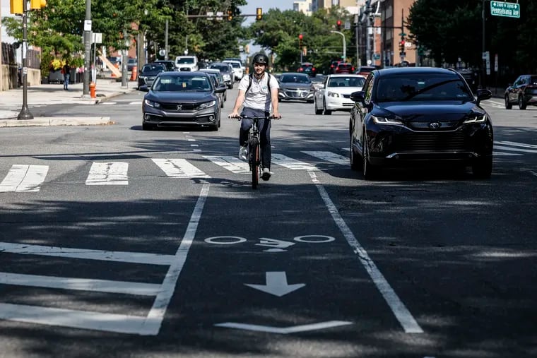 Bikes on Spring Garden Street looking east at Pennsylvania Avenue for the proposed Spring Garden Street Connector bike and pedestrian trail that will run from Pennsylvania Avenue near Eakins Oval at the Philadelphia Museum of Art, and along Spring Garden Street to North Columbus Boulevard.