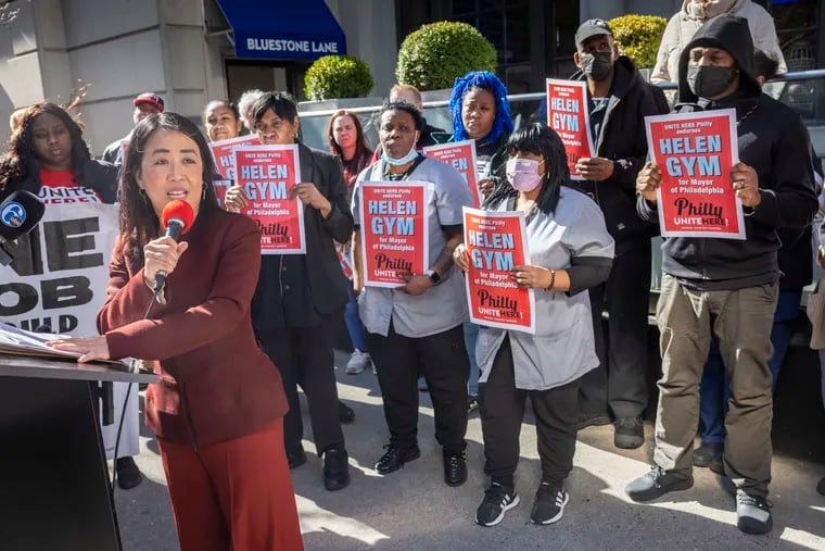 Former City Councilmember Helen Gym speaks during an event when she was endorsed by Unite Here workers.