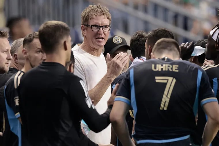 Union manager Jim Curtin giving his team encouragement in a game earlier this season.