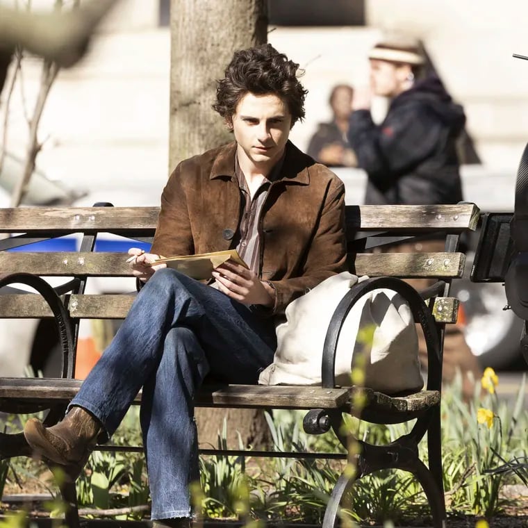 Timothée Chalamet on the set of "A Complete Unknown" in New York City in March.