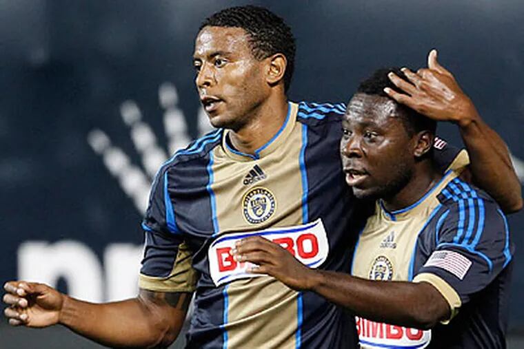 Freddy Adu (right) scored two goals for the Union against Rochester. (Ron Cortes/Staff Photographer)