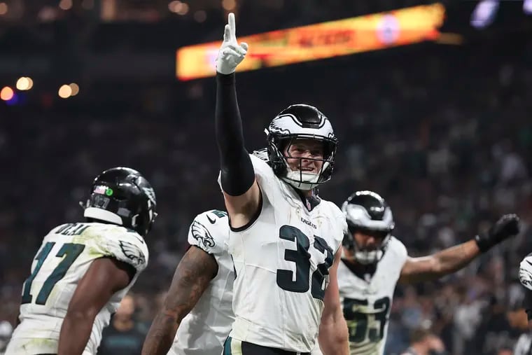 Eagles safety Reed Blankenship celebrates his third-quarter interception against the Green Bay Packers in Brazil.