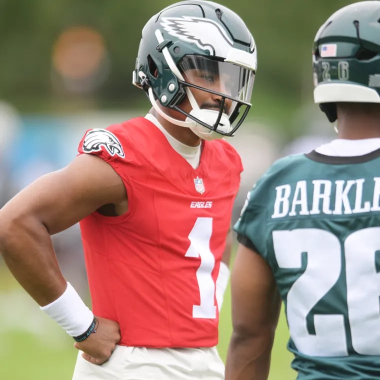 Jalen Hurts (left) and Saquon Barkley broke off some impressive runs during the Eagles' second training camp practice.
