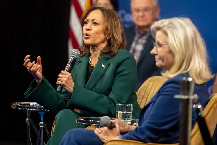 Vice President Kamala Harris is joined by former Republican U.S. Rep. Liz Cheney (right) at a moderated conversation at People’s Light theater in Malvern.