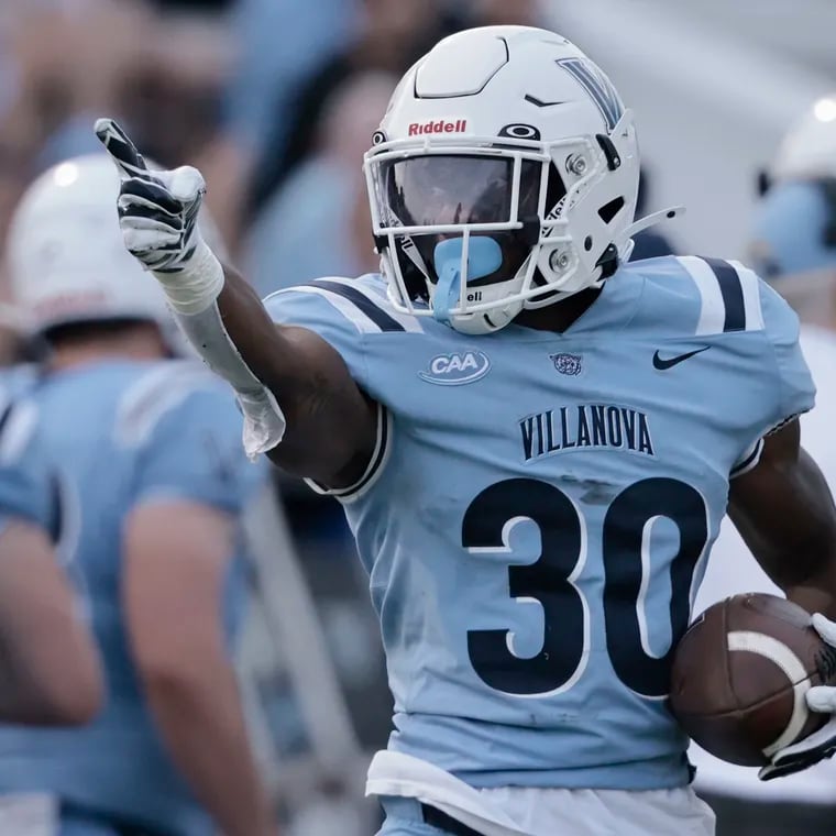 Villanova’s Ja'briel Mace celebrates a first down on Thursday night in the Wildcats' season-opener.