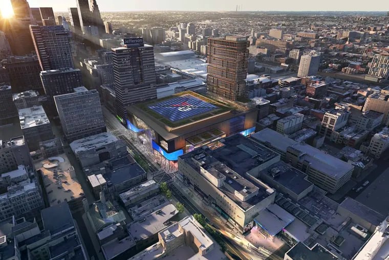 This exterior view of the Sixers proposed Center City arena includes a housing tower that's to be part of the project. The $1.55 billion arena would stand at 10th and Market Streets.