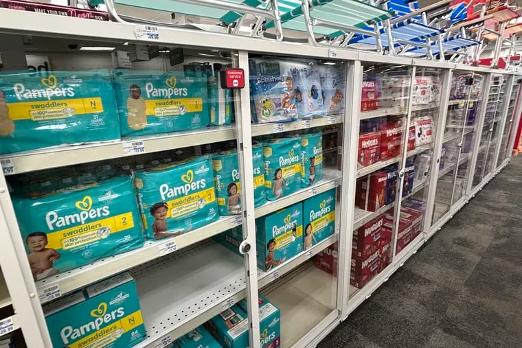 A West Philadelphia CVS locks up Pampers, Huggies, and other brands of diapers, which sell for as low as $13.99, to prevent retail theft.