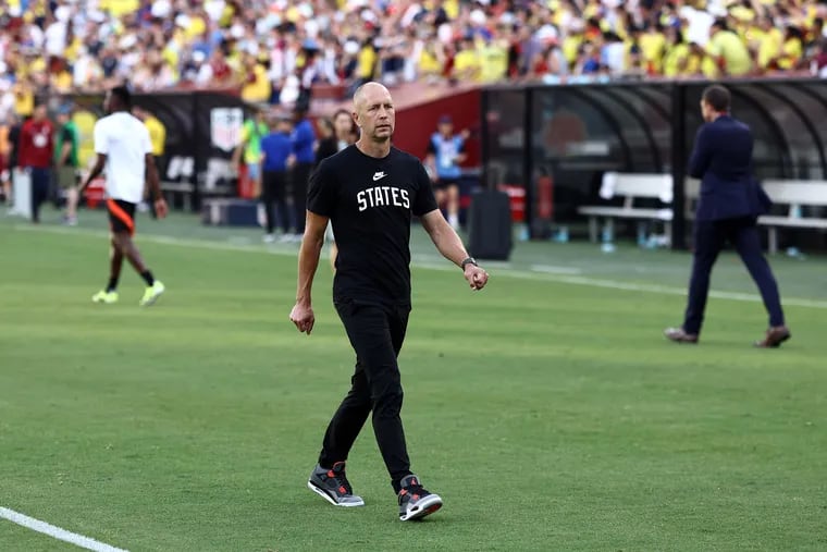 U.S. men's soccer team manager Gregg Berhalter walks off the field after presiding over Saturday's 5-1 loss to Colombia, the program's worst defeat in eight years.