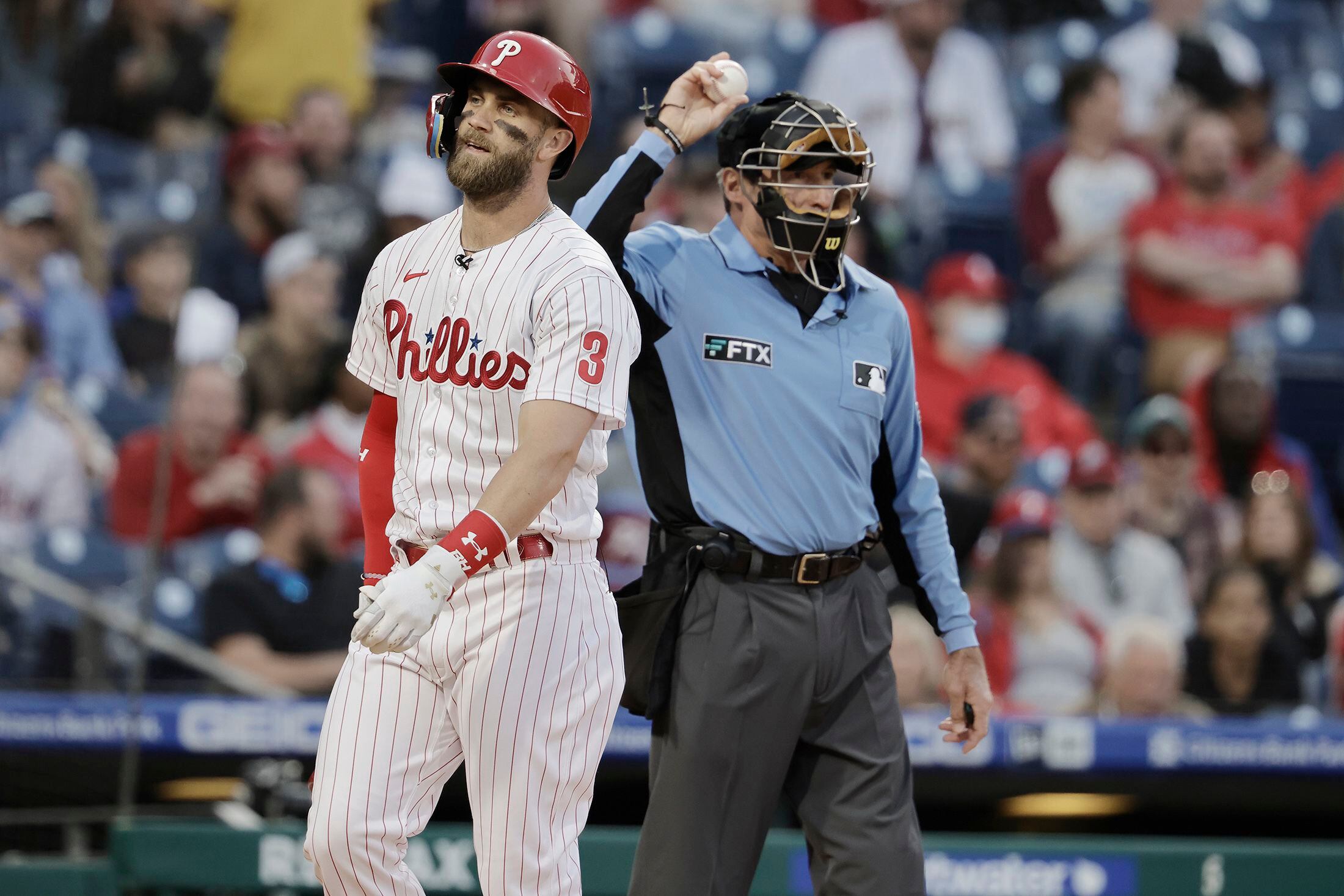 PHILADELPHIA, PA - APRIL 24: Philadelphia Phillies right fielder Bryce  Harper (3) at bat during the Major League Baseball game between the  Philadelphia Phillies and the Milwaukee Brewers on April 24, 2022