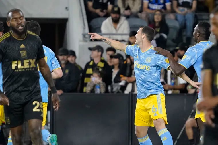 Dániel Gazdag celebrates one of his goals for the Union this year, against Los Angeles FC in May.