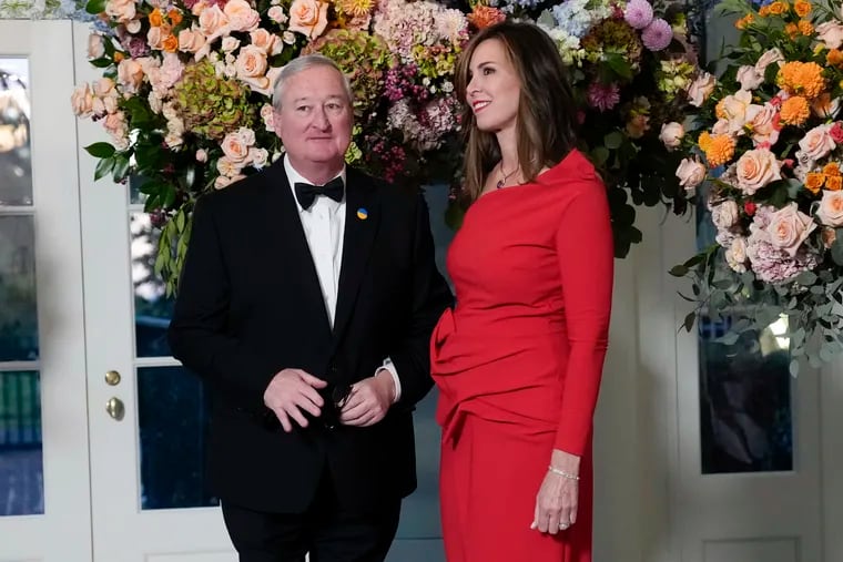 Mayor of Philadelphia James Kenney and Letitia Santarelli, his  fiancée, arrive for the state dinner at the White House on Wednesday.