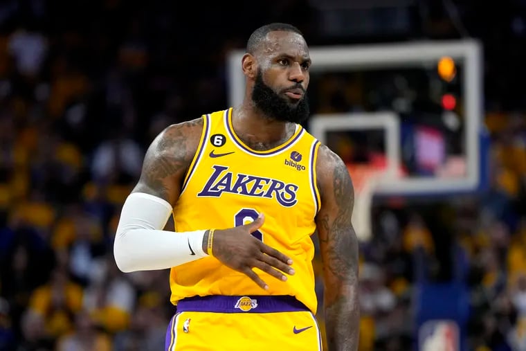 LeBron James of the Los Angeles Lakers reacts after scoring during the second quarter against the Golden State Warriors in game five of the Western Conference Semifinal Playoffs at Chase Center on May 10, 2023 in San Francisco, California. (Photo by Thearon W. Henderson/Getty Images)