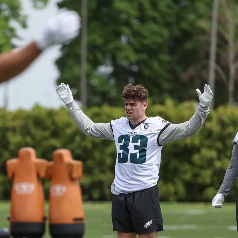 Eagles rookie and second-round draft pick Cooper DeJean warms up during rookie minicamp at the NovaCare Complex in Philadelphia on Friday, May 3, 2024.