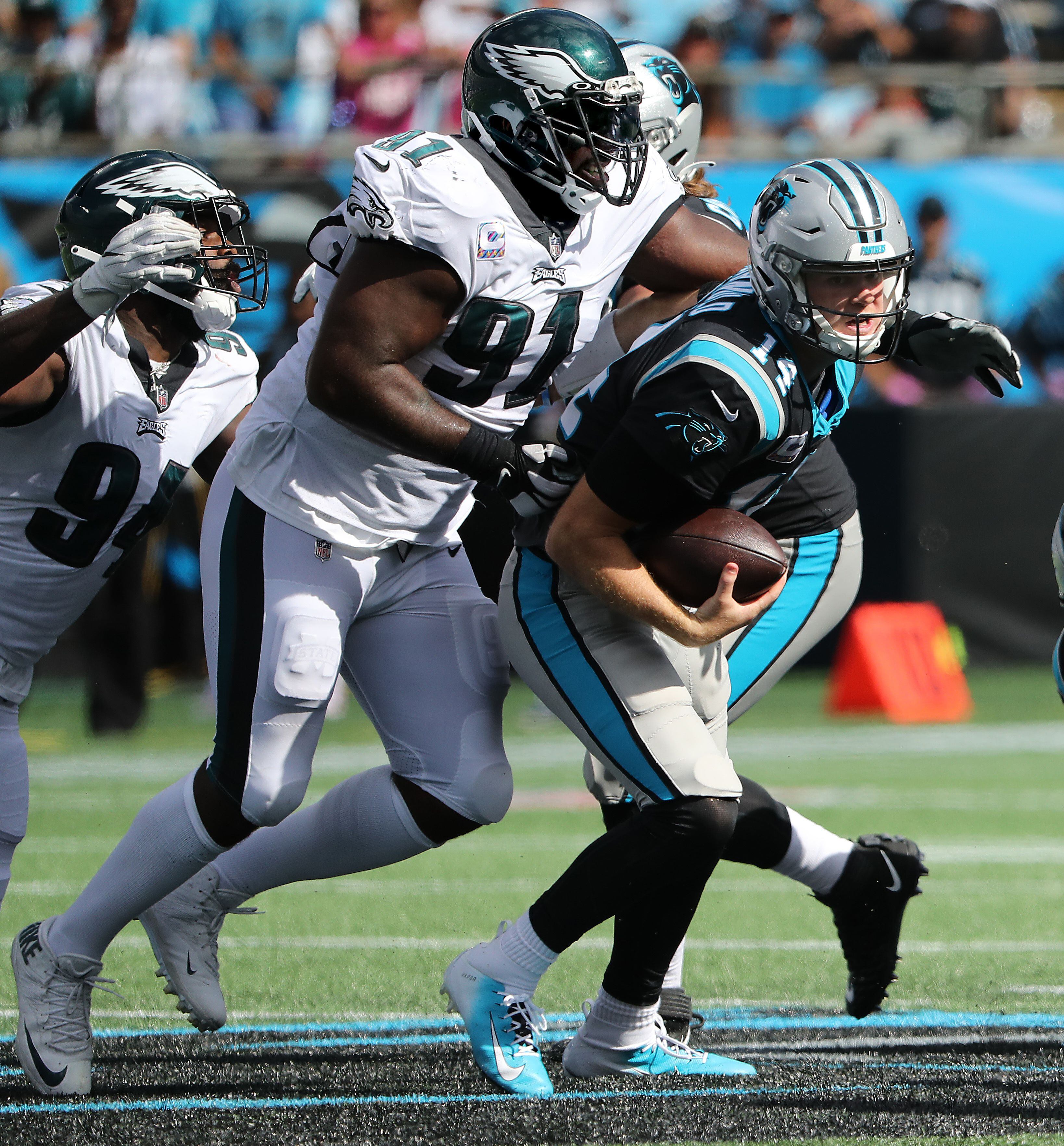 October 21, 2018: Philadelphia Eagles offensive tackle Jordan Mailata (68)  poses with Carolina Panthers defensive end Efe Obada (94) during the NFL  game between the Carolina Panthers and the Philadelphia Eagles at