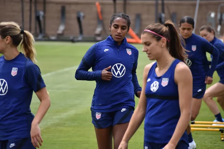 Naomi Girma (center) working out at a recent U.S. women's soccer team's practice.