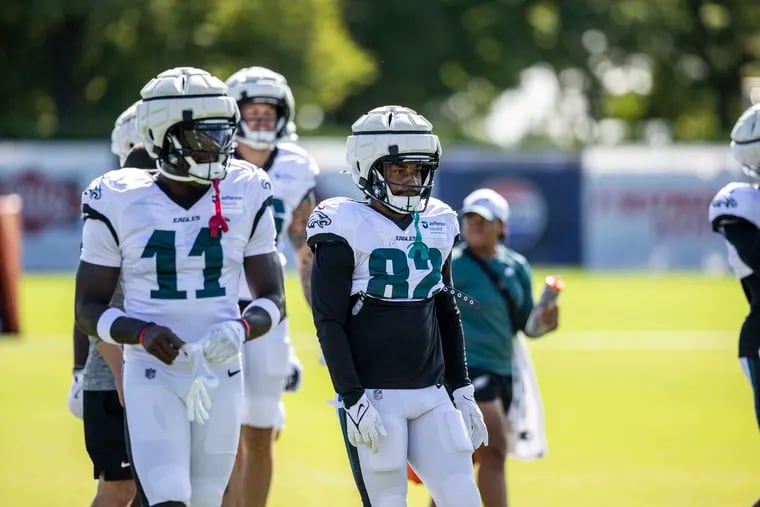 Wide receivers Ainias Smith (82) and A.J. Brown during training camp practice at the NovaCare Complex.