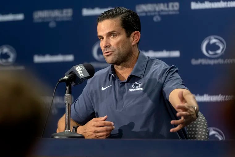 Penn State defensive coordinator Manny Diaz talking with the media in August.