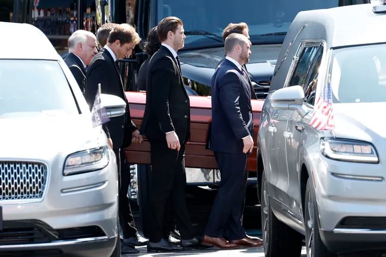 Pallbearers carry one of the caskets into the church for the funeral services for Johnny and Matthew Gaudreau at Saint Mary Magdalen Church in Media. The brothers were killed while biking in Salem County on Aug. 29 after a driver crashed into them, allegedly while drunk. Sean Higgins was charged with two counts of death by auto.