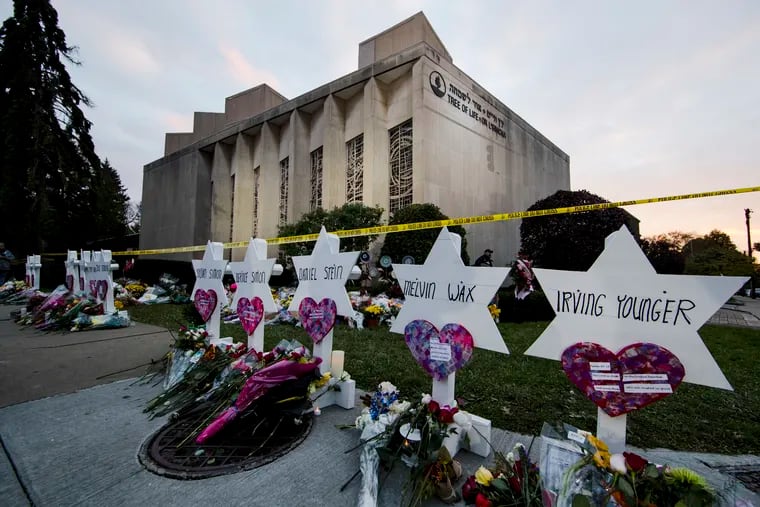 A makeshift memorial stands outside the Tree of Life Synagogue in Pittsburgh on Oct. 29, 2018.