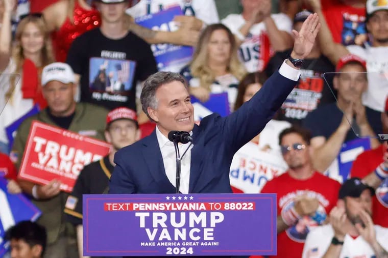 Dave McCormick, the Republican nominee for Senate in Pennsylvania, speaks at a campaign rally for Republican presidential nominee former President Donald Trump at the Mohegan Sun Arena at Casey Plaza in Wilkes-Barre, Pa., Saturday, Aug. 17, 2024.