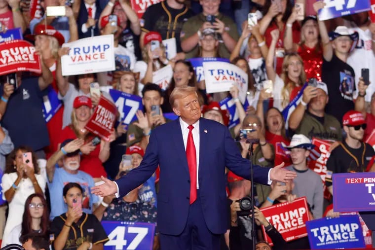 Former President Donald Trump, the Republican nominee, arrives to speak at a campaign rally at the Mohegan Sun Arena at Casey Plaza in Wilkes-Barre, Pa., Saturday, Aug. 17, 2024.