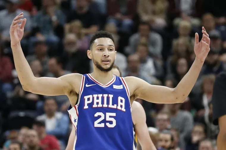 Sixers guard Ben Simmons reacts to a foul call on Nov. 7 in Utah.