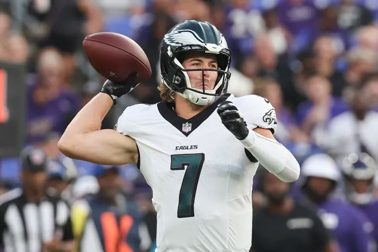 Eagles quarterback Kenny Pickett throws the football during the first quarter against the Baltimore Ravens in a preseason game at M&T Bank Stadium in Baltimore on Friday, Aug. 9, 2024.