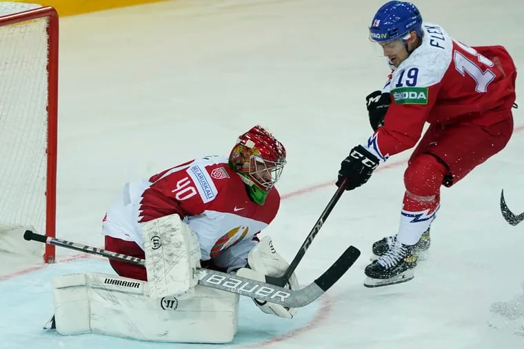 Goalie Alexei Kolosov playing for Belarus. The Flyers are high on him as a prospect.