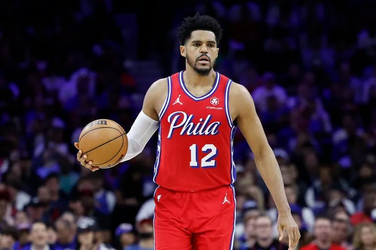 Sixers forward Tobias Harris dibbles the basketball against the New York Knicks during Game 4 of the first round NBA Eastern Conference playoffs on Sunday, April 28, 2024 in Philadelphia.