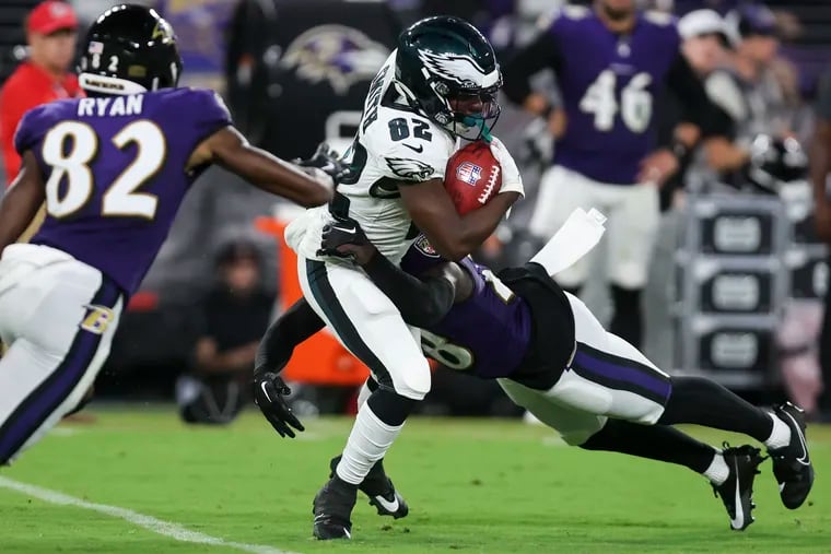 Eagles wide receiver Ainias Smith gets tackled on a kickoff return during the third quarter of the preseason game against the Baltimore Ravens at M&T Bank Stadium on Friday, Aug. 9, 2024.