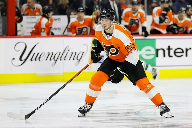 Flyers left wing Joel Farabee on the ice against the Minnesota Wild on March 3 at the Wells Fargo Center.