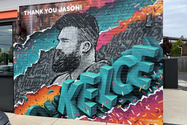The West Chester Pike Dunkin' Donuts commissioned a mural of Jason Kelce in honor of his retirement from local muralist Glossblack. It was unveiled Monday.