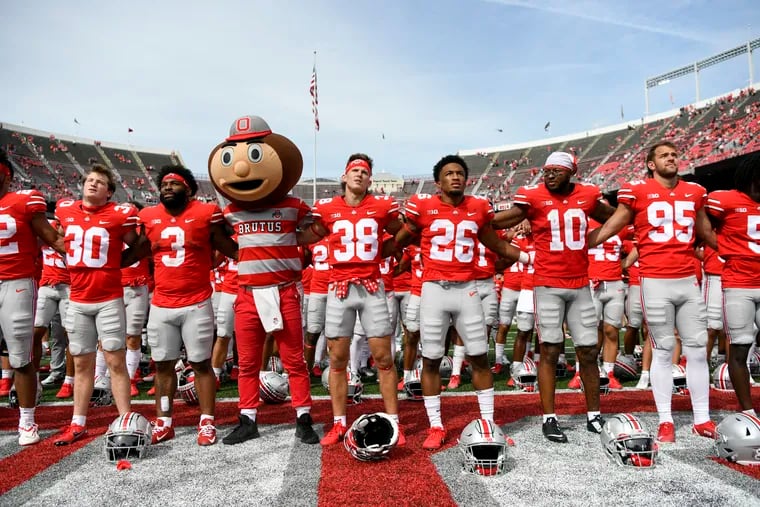 The Ohio State Buckeyes sing "Carmen Ohio" to the crowd after beating the Arkansas State Red Wolves at Ohio Stadium on September 10, 2022 in Columbus, Ohio. (Photo by Gaelen Morse/Getty Images)