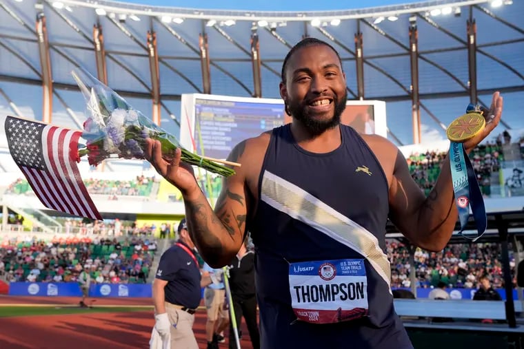 Curtis Thompson celebrates after winning the javelin at the U.S. Olympic trials on June 23.