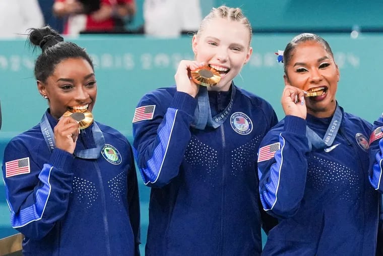 From left, Simone Biles, Jade Carey, and Jordan Chiles came back after a rough outing in Tokyo to claim gold in Paris.