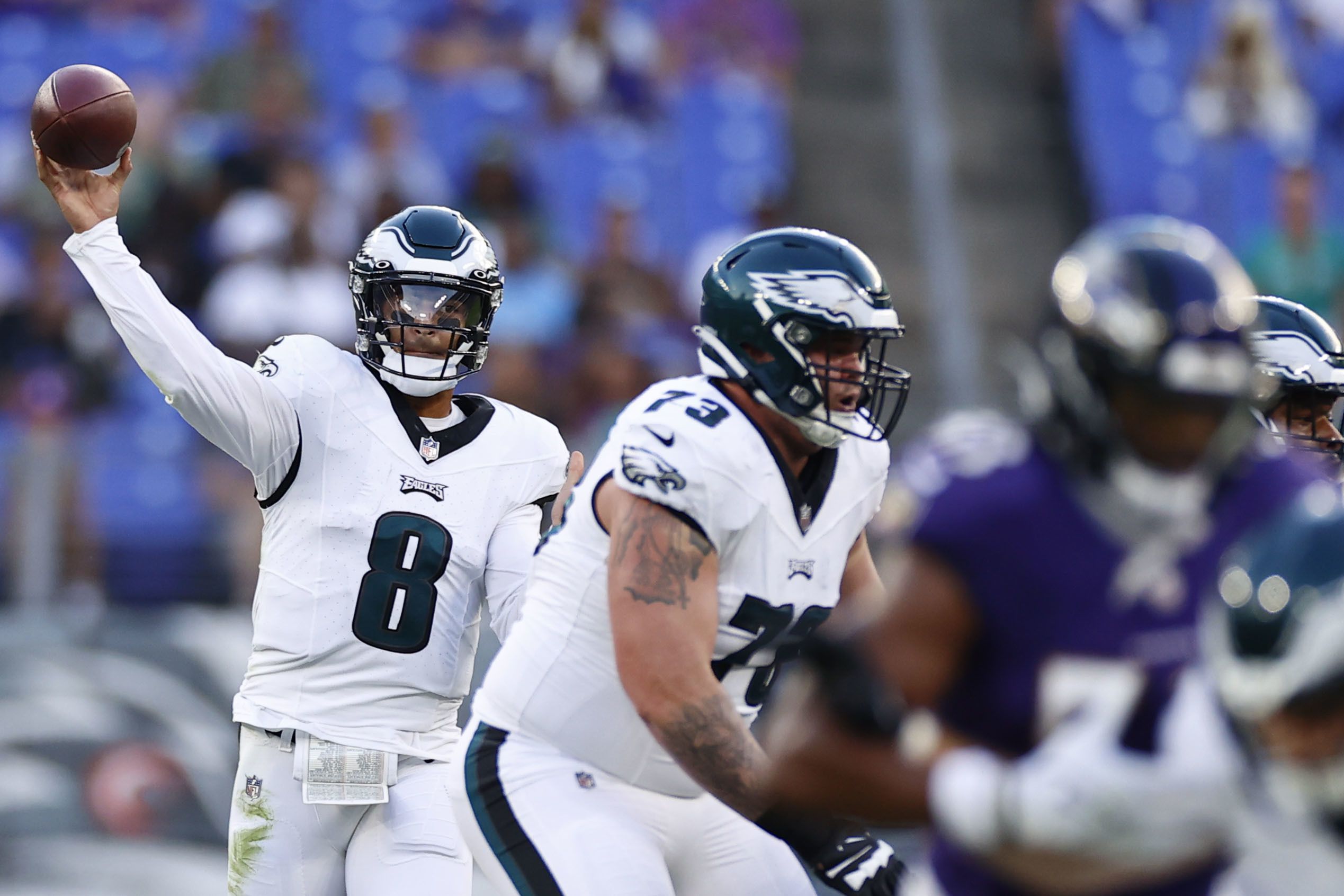 Baltimore Ravens quarterback Josh Johnson (17) passes against the  Philadelphia Eagles during the first half of an NFL preseason football game  in Baltimore, Saturday, Aug. 12, 2023. (AP Photo/Nick Wass Stock Photo -  Alamy