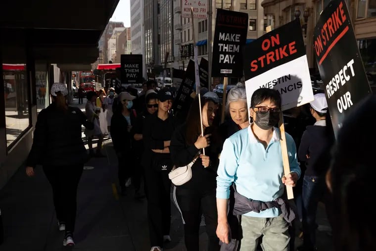 Hotel workers picket outside the Westin St. Francis in San Francisco on Monday, Sept. 2, 2024.