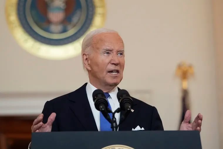 President Joe Biden speaks in the Cross Hall of the White House on Monday, July 1, 2024.