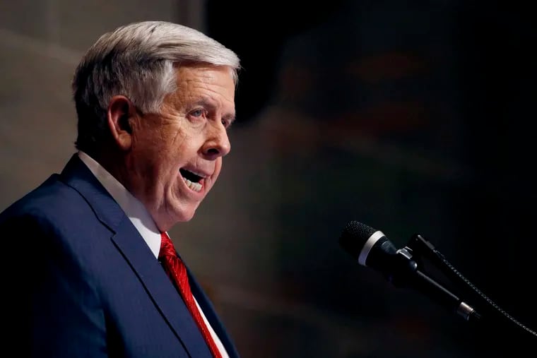 FILE - In this Jan. 16, 2019, file photo, Missouri Gov. Mike Parson delivers his State of the State address in Jefferson City, Mo. Missouri's Republican-led Legislature has passed a sweeping bill to ban abortions at eight weeks of pregnancy, and Republican Gov. Parson is expected to sign it. The House approved the measure Friday May 17, 2019.