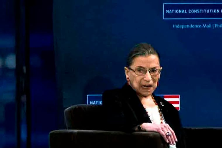 U.S. Supreme Court Justice Ruth Bader Ginsburg speaks with National Constitution Center president and CEO Jeffrey Rosen, in view of Independence Hall, at the museum Friday, Sept. 6, 2013, in Philadelphia. (AP Photo/Matt Rourke)