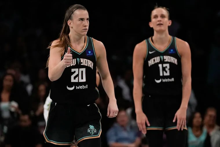 New York Liberty guard Sabrina Ionescu (20) reacts in overtime of Game 5 of the WNBA Finals against the Minnesota Lynx.