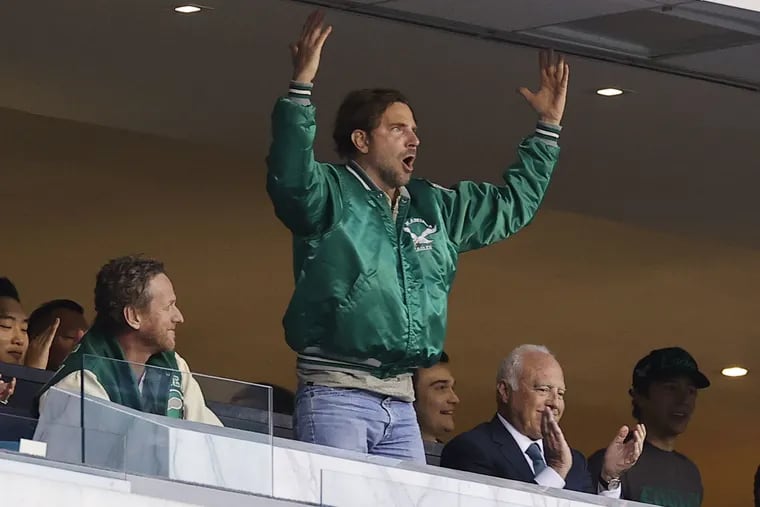 Bradley Cooper reacts during the NFC Championship game between the Eagles and San Francisco 49ers in January 2023.