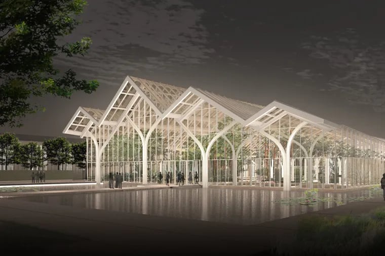 A rendering of Longwood's planned West Conservatory at night.