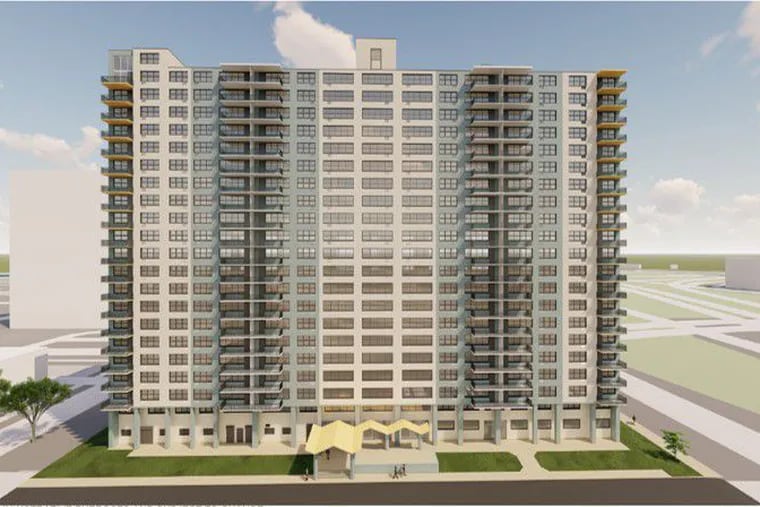 A rendering of the fully renovated Northgate apartments, a landmark overlooking the Benjamin Franklin Bridge in North Camden.